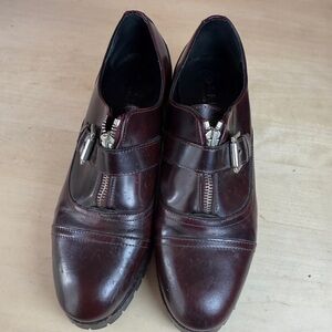 Office Chunky Brown Leather Buckle Shoes -